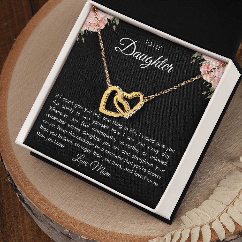 Hermoso collar con corazón entrelazado para mi hija y tarjeta con mensaje 