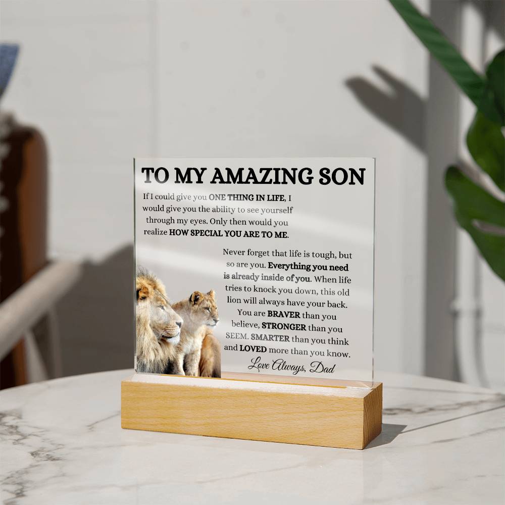 To My Amazing Son Acrylic Plaque with Lion and Cub from Dad