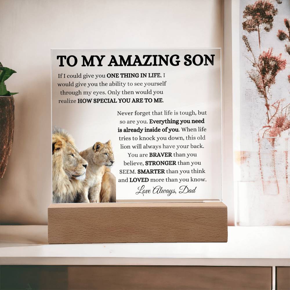 To My Amazing Son Acrylic Plaque with Lion and Cub from Dad